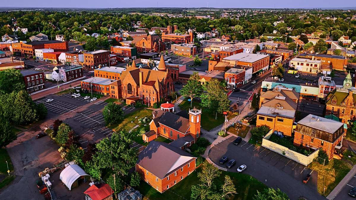 Historic downtown Amherst, Nova Scotia featuring Victorian sandstone architecture and the commercial heart of Cumberland County.